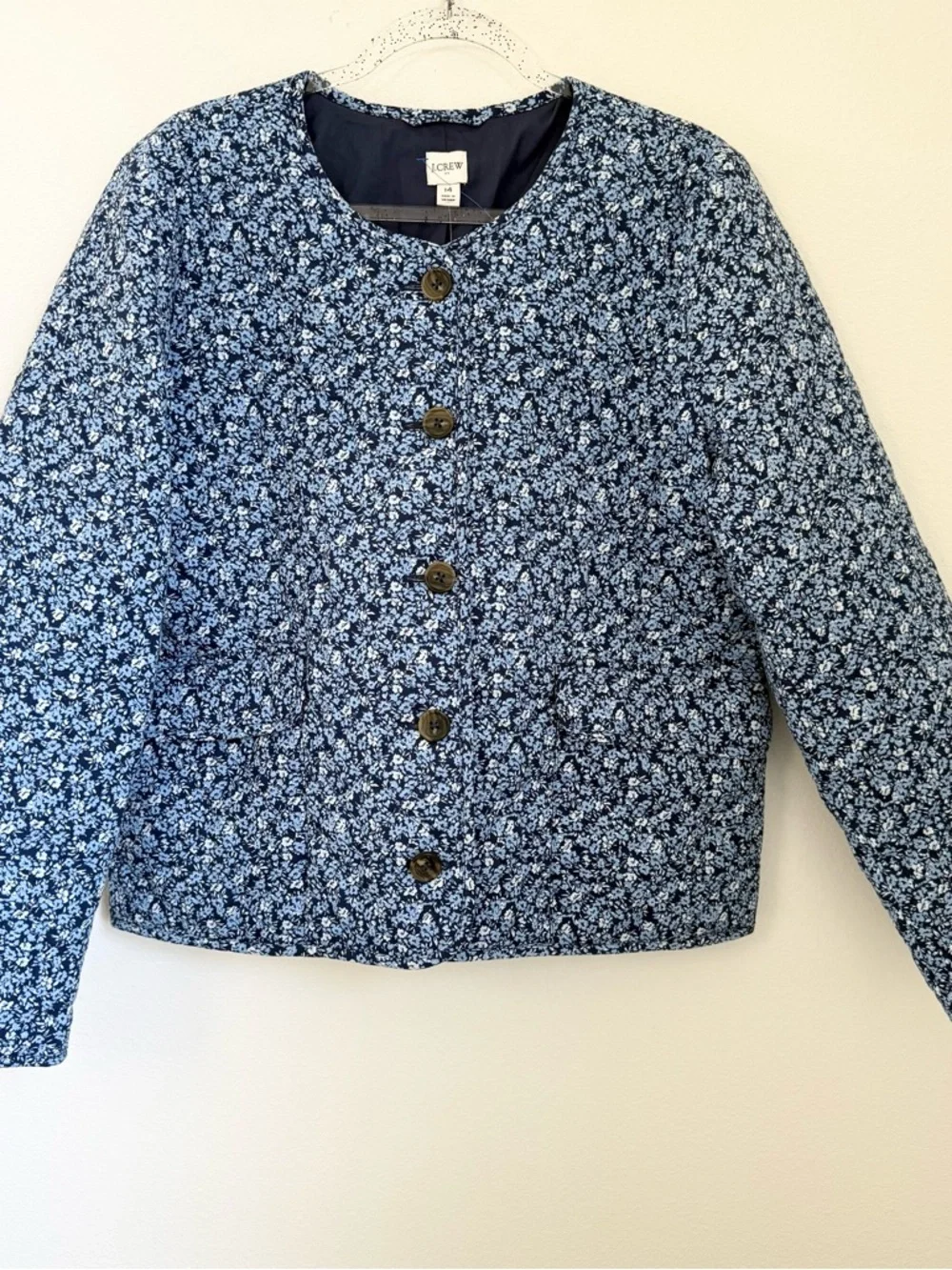 J Crew Blue Short quilted Floral Cotton Blend Jacket Size 14 NWT